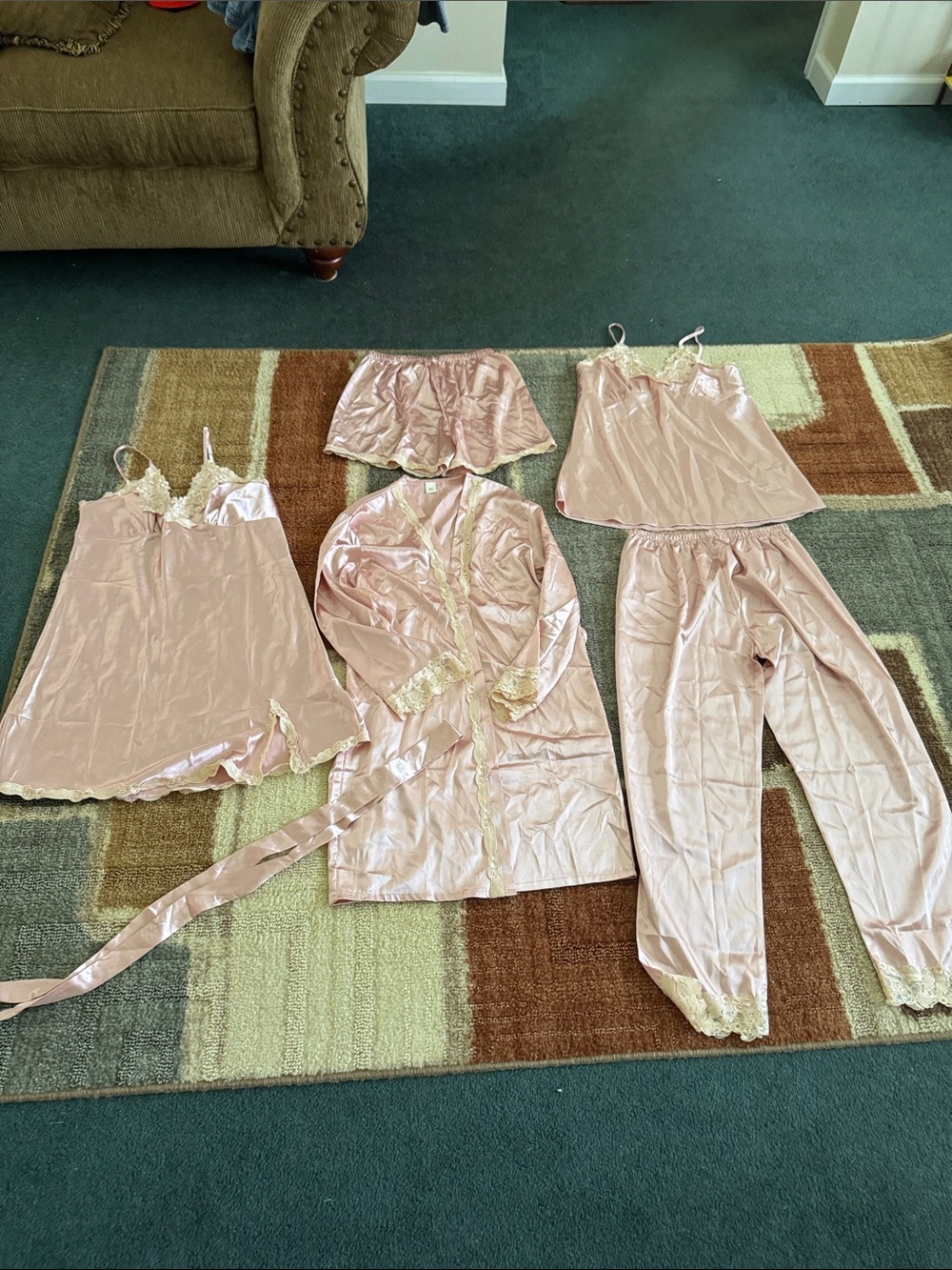 Luxurious Pink Satin 5-Piece Sleepwear Set with Lace Trim